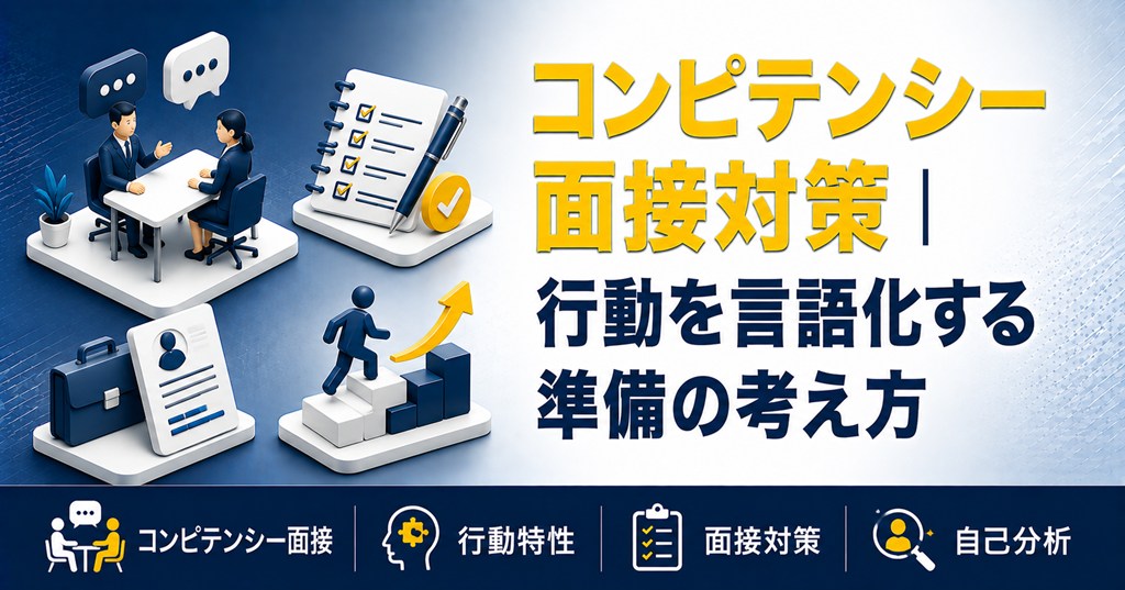 コンピテンシー面接対策をテーマにした面接・行動振り返りのアイコンイラスト