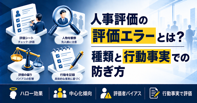 人事評価の評価エラーの種類と、行動事実の記録で評価のズレを抑える考え方を示した図解イラスト